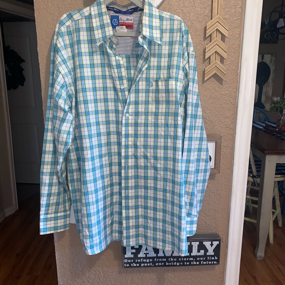 Men’s Wrangler George Strait Aqua Plaid Shirt Size XXL EUC
